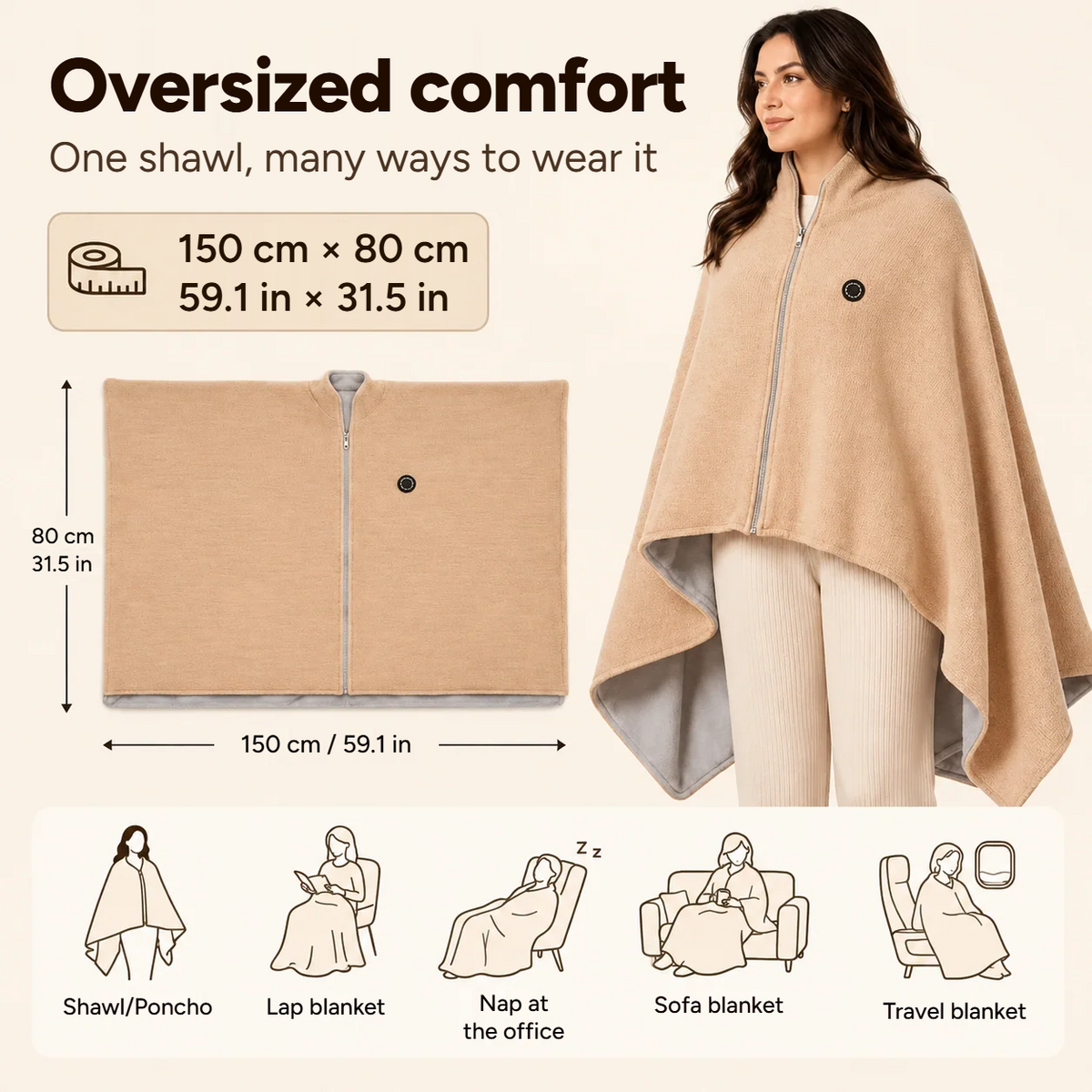 Moonhug™ Heated Shawl – 150 × 80 cm, wear it as a shawl, poncho, lap blanket, sofa or travel blanket
