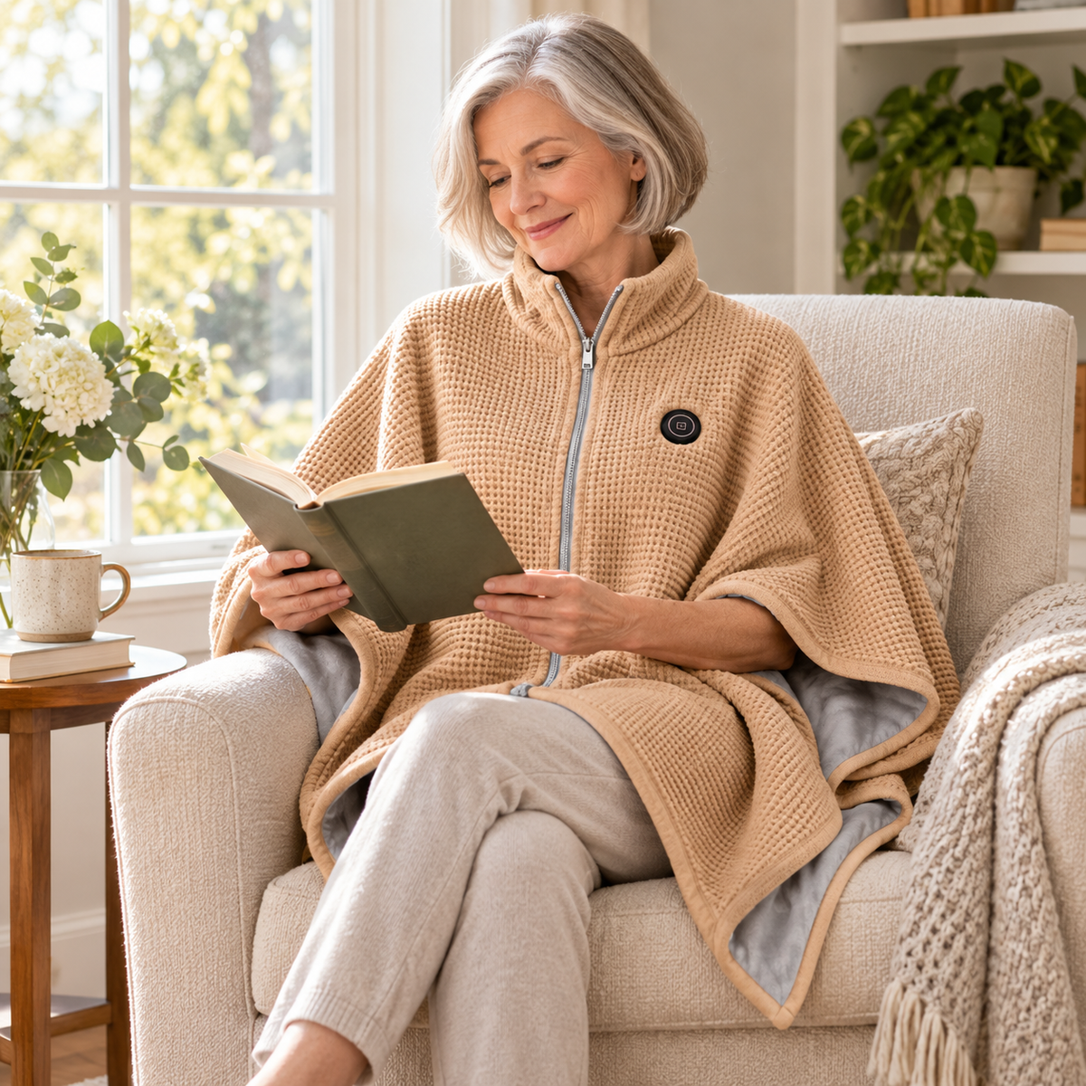 Woman reading in the beige Moonhug heated shawl